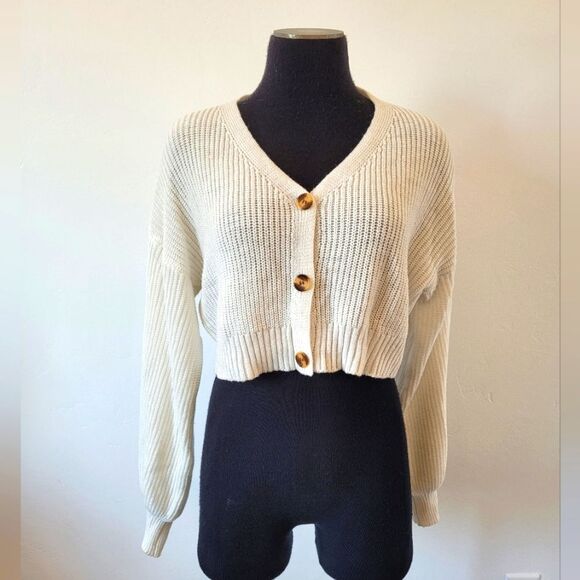 Oversized White Chunky Knit Sweater Cardigan Cropped Puff Sleeve Soft Girl Small - Picture 1 of 9